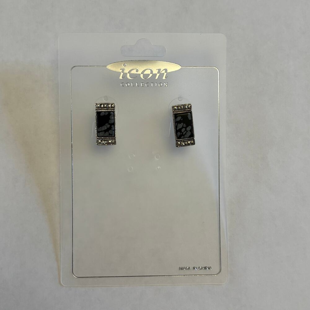 Icon Collection Silver Tone Rectangular Snowflake Obsidian Stud Earrings NWT
